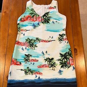 Chetta B Scenic Island Print Sleeveless V-Neck Sheath Dress 6
